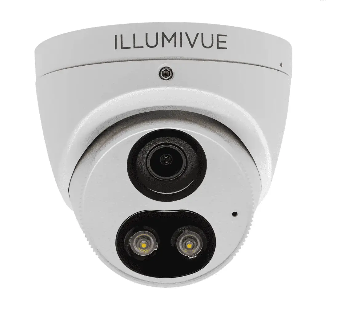 White dome camera on a wood-paneled ceiling.