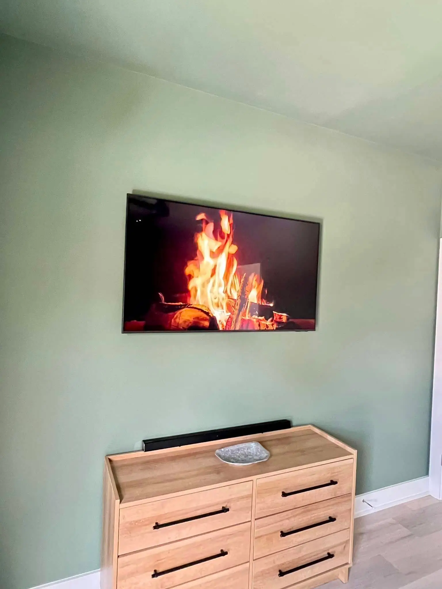Home theater screen or rack on the Westbank: daylight tall photo, warm light, even light across the frame.